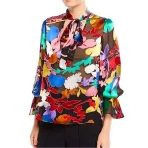 Alice + Olivia Mora Sheer Tie Neck Silk Blouse XS Black Multi-Color